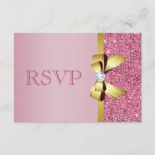 Pink Faux Sequins Gold Bow & Diamond RSVP