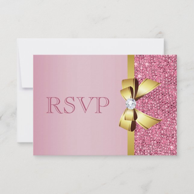 Pink Faux Sequins Gold Bow & Diamond RSVP (Anverso)