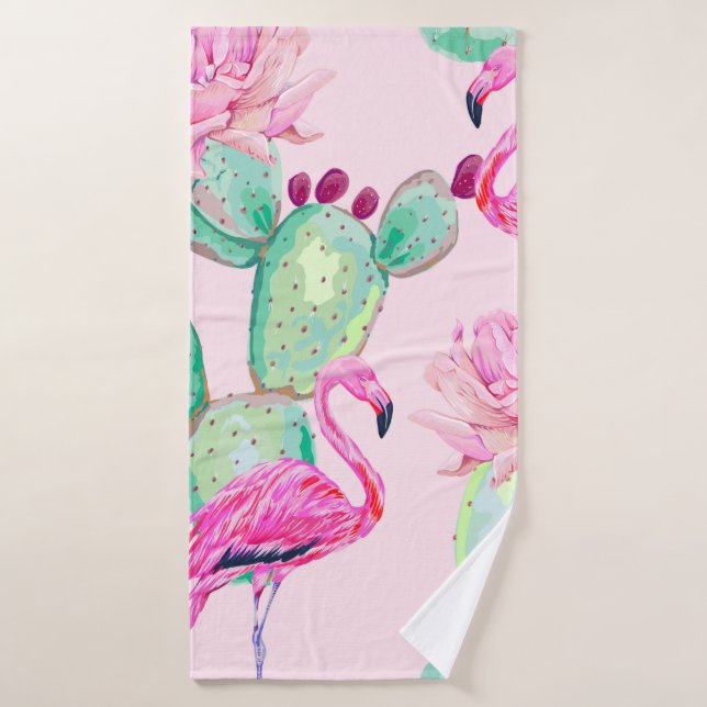 Pink flamingo, exotic birds, gentle flowers, rose, (Toalla de baño)