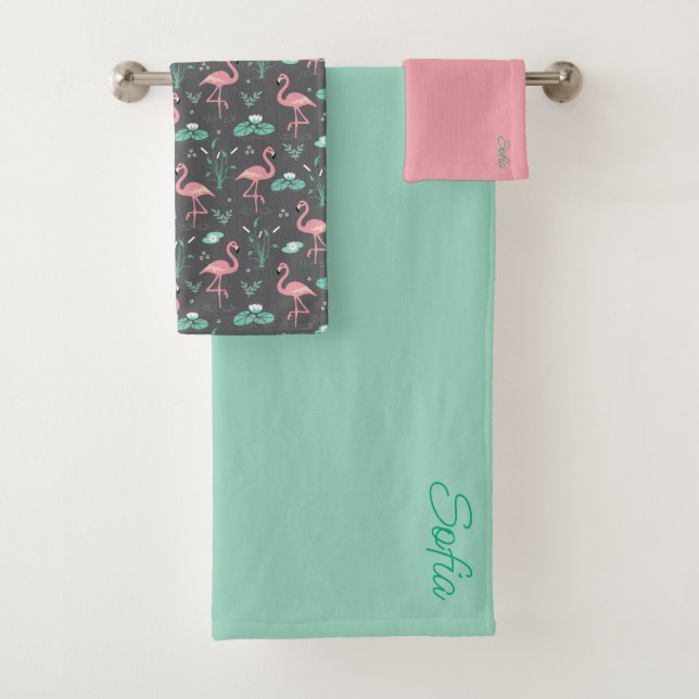 Pink Flamingo lindo tuquoise patrón gris (In situ)