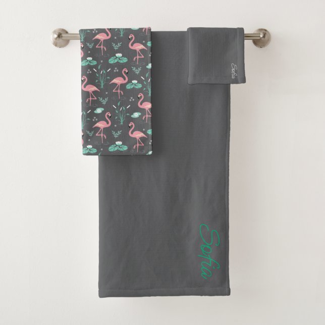 Pink Flamingo lindo tuquoise patrón gris (In situ)