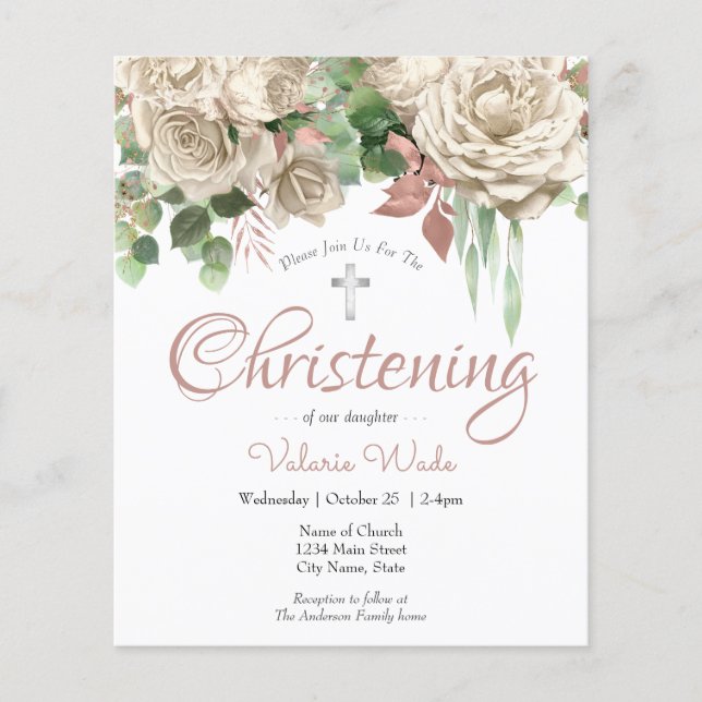 Pink Floral Budget Christening Flyer (Frente)