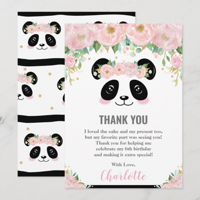 Pink Floral Cute Panda Cumpleaños Gracias Tarjeta (Anverso / Reverso)