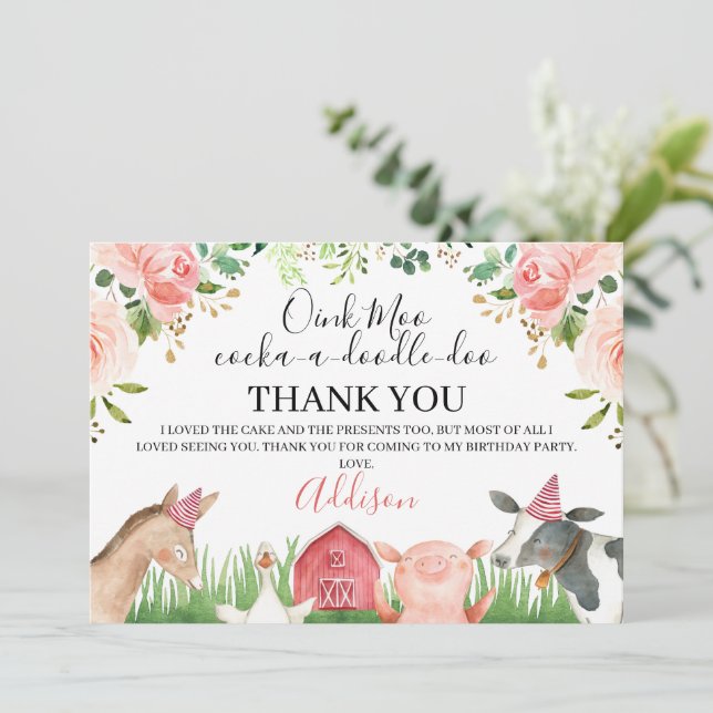 Pink Floral Farm Animals Birthday Gracias Tarjeta (Anverso de pie)
