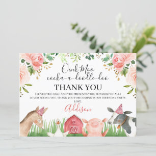 Pink Floral Farm Animals Birthday Gracias Tarjeta