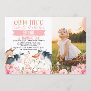 Pink Floral Farm Foto Invitación al cumpleaños