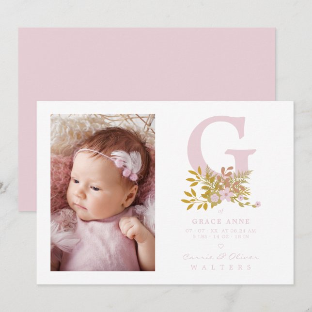Pink Floral Garland Initial Baby Newborn Name (Anverso / Reverso)