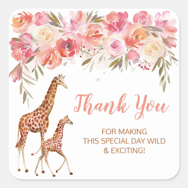 Pink Floral Giraffe Gracias Pegatinas (Anverso)