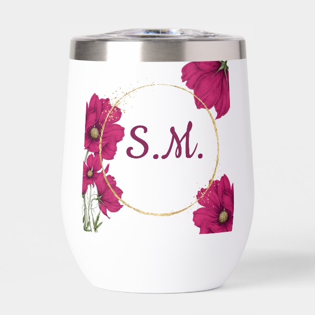 Pink Floral Gold Circle Wine Tumbler (Frente)