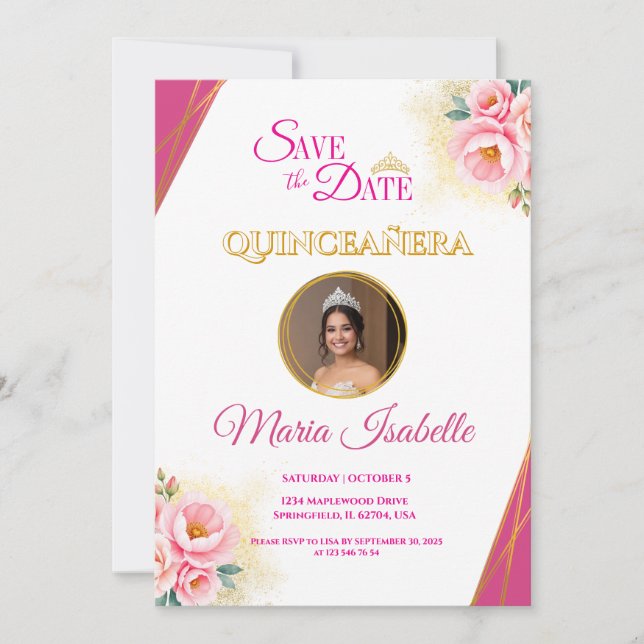 Pink Floral & Gold Quinceañera Guardar tarjeta de  (Anverso)
