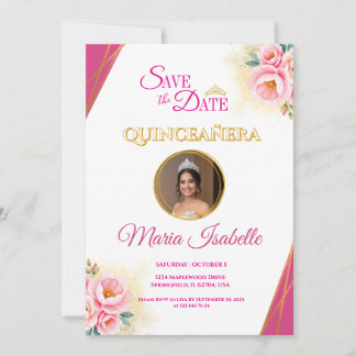Pink Floral & Gold Quinceañera Guardar tarjeta de