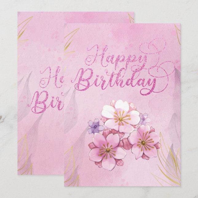 Pink Floral Happy Birday Flat Card (Anverso / Reverso)