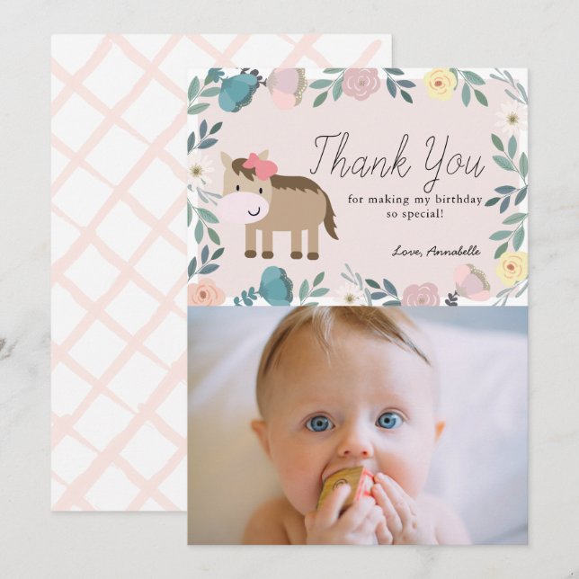 Pink Floral Horse Birday Foto Gracias Tarjeta (Anverso / Reverso)