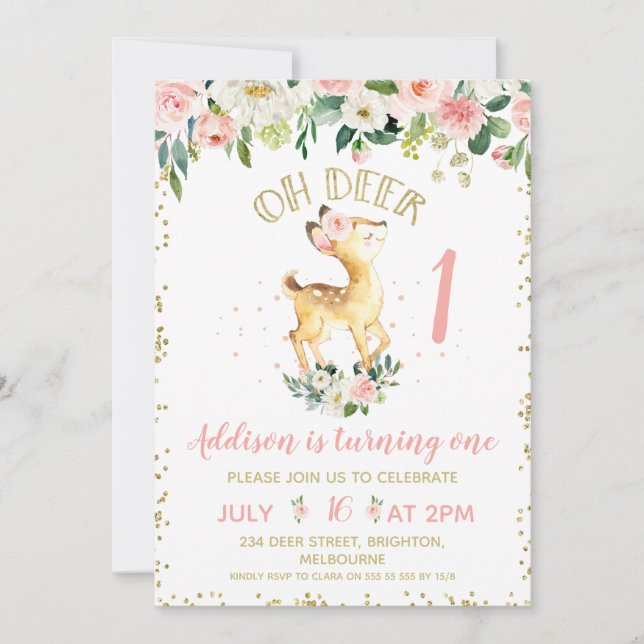 Pink Floral Oh Deer Birthday Party Invitación (Anverso)