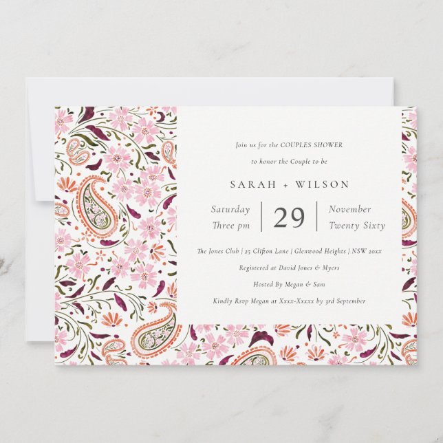 Pink Floral Paisley Motif Parejas Ducha Invitación (Anverso)