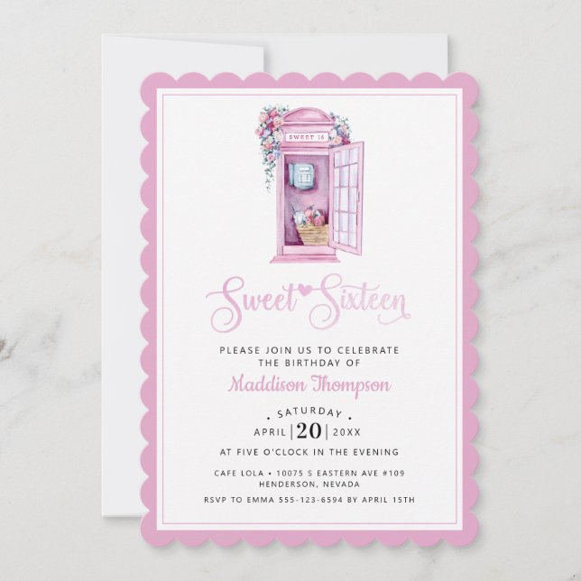 Pink Floral Phone Booth | Dulce 16 Invitación (Anverso)