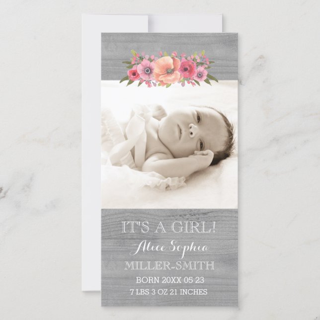 Pink Floral Wood Photo Baby Anuncio (Anverso)