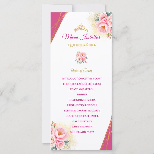 Pink Floral y Gold Quinceañera Orden de eventos (Anverso)