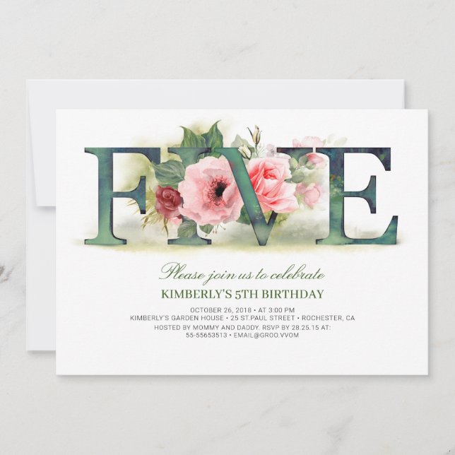 Pink Florals FIVE | 5 Invitación a la fiesta de cu (Anverso)