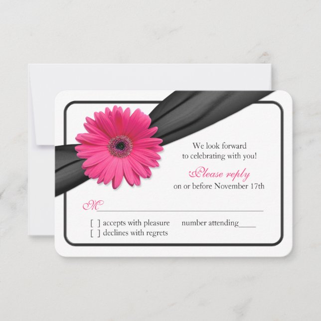 Pink Gerber Daisy Black Ribbon Wedding RSVP (Anverso)