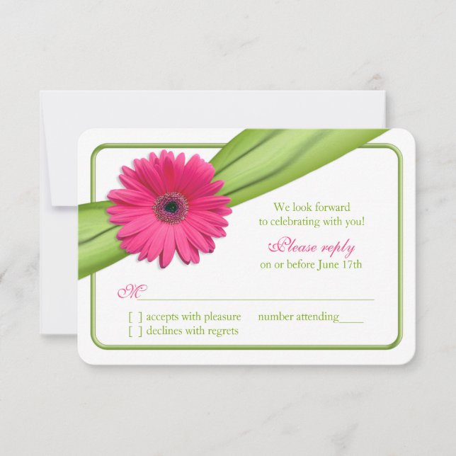 Pink Gerber Daisy Green Ribbon Wedding RSVP (Anverso)