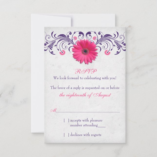 Pink Gerber Daisy Purple Gray Floral Wedding RSVP (Anverso)