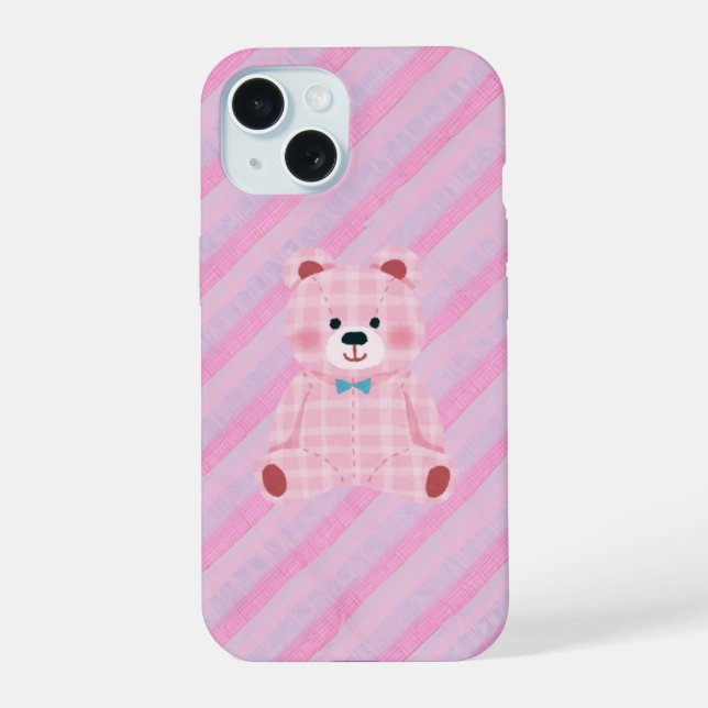 Pink Gingham Bear and Diagonal Stripes Phone Case (Reverso )