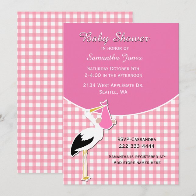 Pink Gingham con invitación de Stork Baby Shower (Anverso / Reverso)