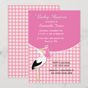 Pink Gingham con invitación de Stork Baby Shower