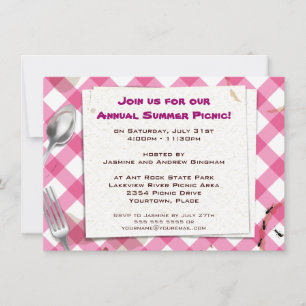 Pink Gingham Picnic BBBQ Party Invitación