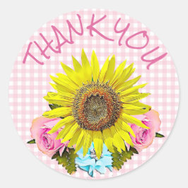 Pink Gingham Sunflower Gracias Pegatinas