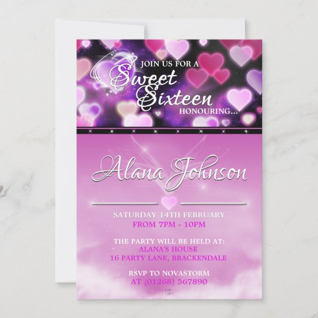 Pink Glow Hearts Sweet 16 Invitaciones de cumpleañ (Anverso)