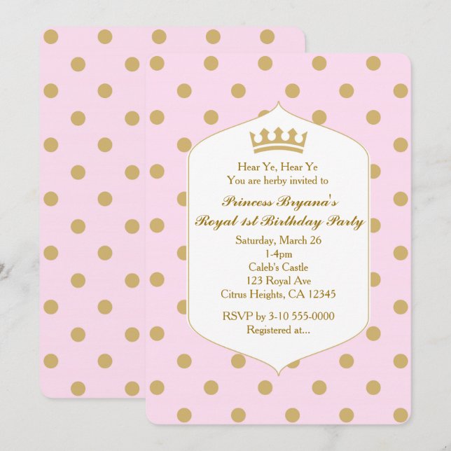 Pink & Gold Dots Invitaciones a la Princesa Real d (Anverso / Reverso)