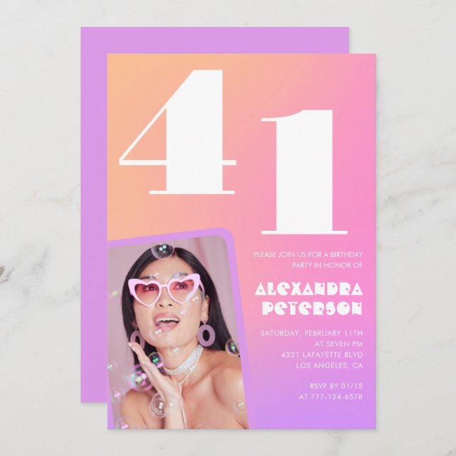 Pink Gradient 41ª invitación de cumpleaños Retro P (Anverso / Reverso)