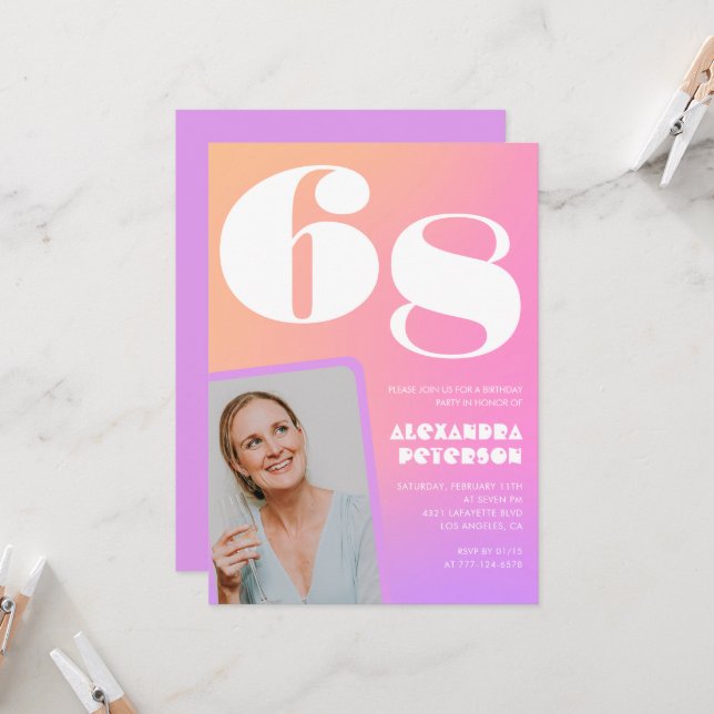 Pink Gradient 68ª invitación de cumpleaños Retro P (Anverso/Reverso In Situ)