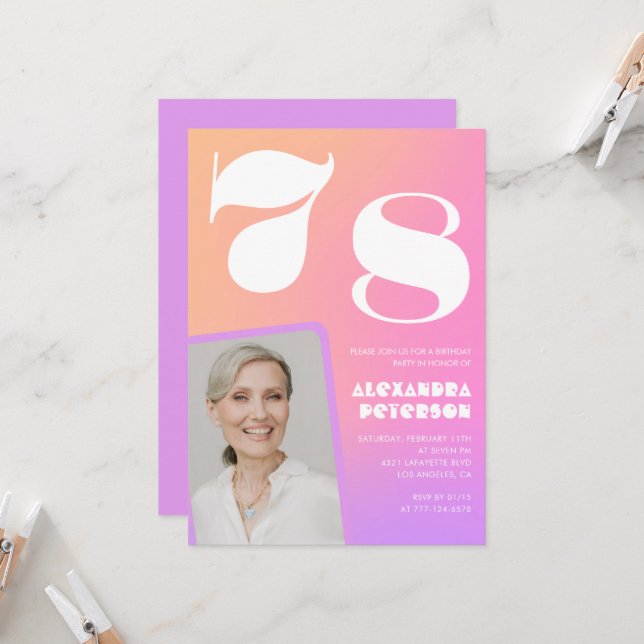Pink Gradient 78ª invitación de cumpleaños Retro P (Anverso/Reverso In Situ)