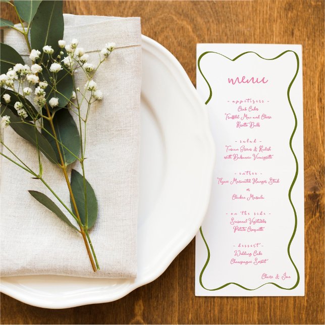 Pink & Green Hand Drawn Curvy Border Wedding Menu (Subido por el creador)