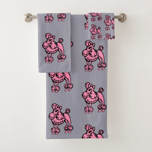  Pink Grey French Poodle Large Bath Towel Set (In situ)