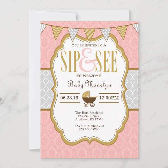 Pink Grey Gold Sip Y Ver Invitación (Anverso)