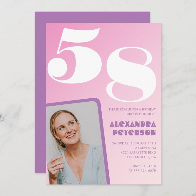 Pink Groovy 58º cumpleaños invitaciones Retro Phot (Anverso / Reverso)