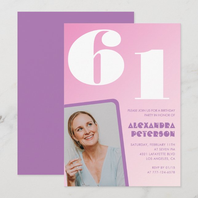 Pink Groovy 61 invitaciones de cumpleaños Retro Ph (Anverso / Reverso)