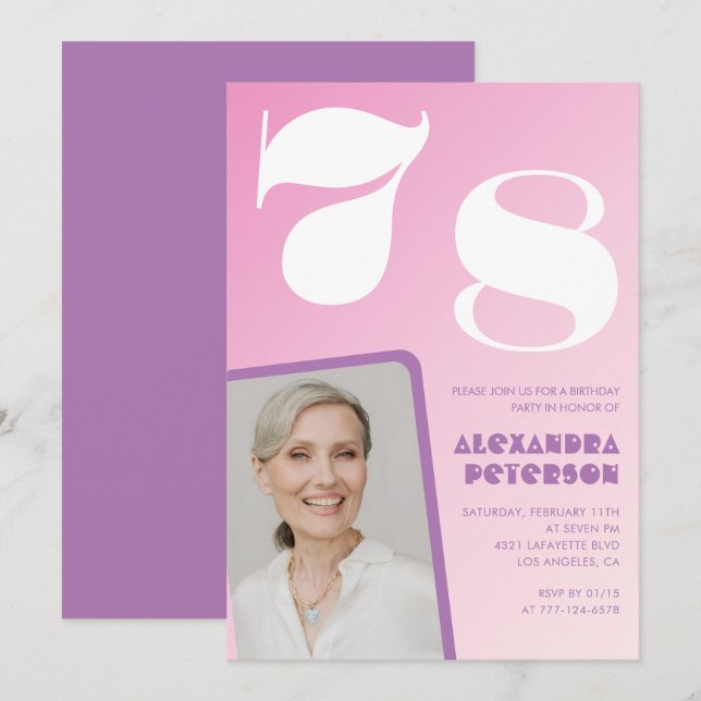 Pink Groovy 78º cumpleaños invitaciones Retro Phot (Anverso / Reverso)