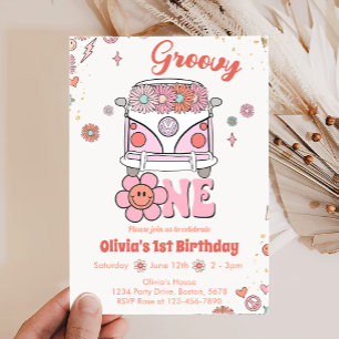 Pink Groovy One Retro Invitación a cumpleaños