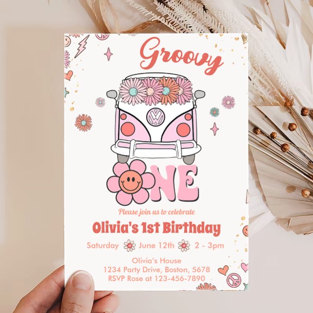 Pink Groovy One Retro Invitación a cumpleaños (Subido por el creador)