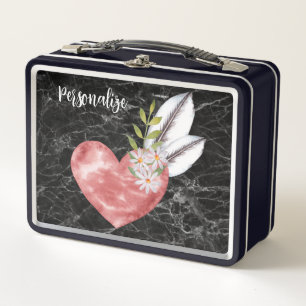 Pink Heart Feathers Black Marble BG Personalized