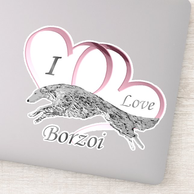 Pink I Love Borzoi Die Cut Vinyl Pegatina (Detalle)