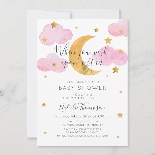 Pink Invitación Luna y las Estrellas Baby Shower (Anverso)
