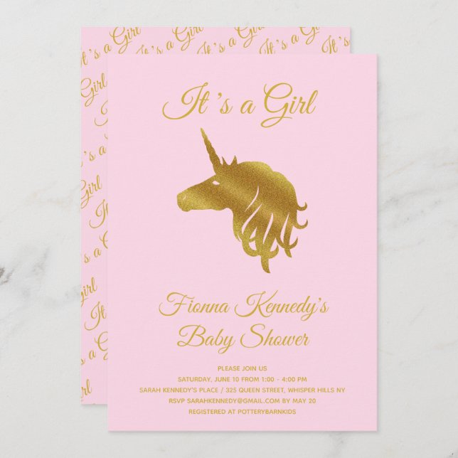 Pink It's a Chica Unicorn Invitación a Baby Shower (Anverso / Reverso)