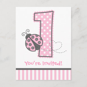 Pink Ladybug Primera Invitación de cumpleaños