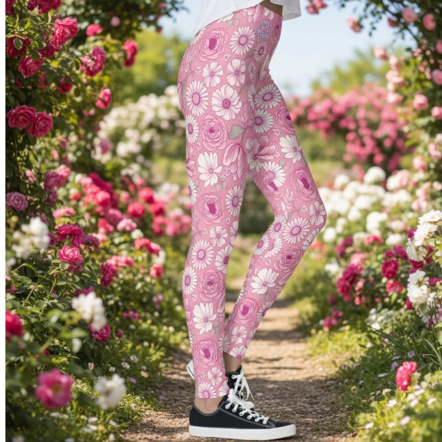 Pink leggings with white rose and daisy pattern (Subido por el creador)